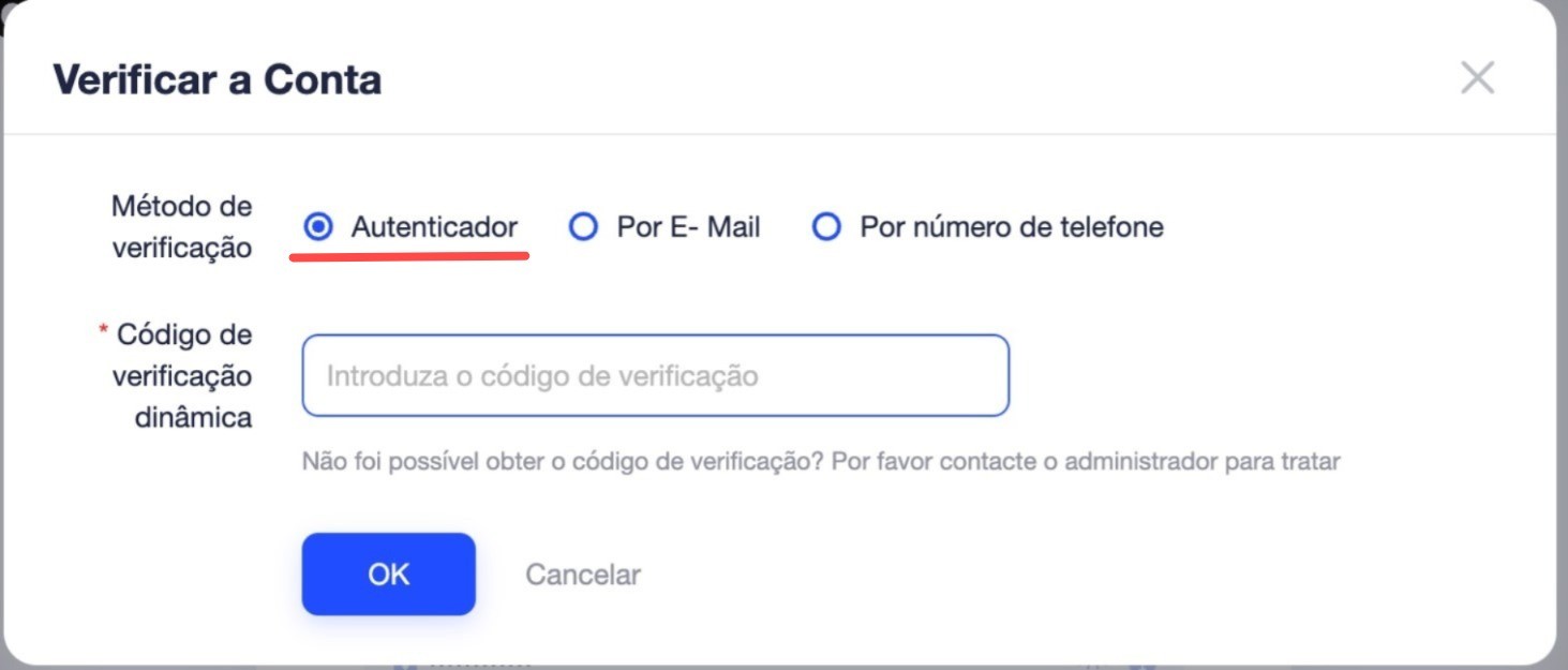 Tela de verificação com método Autenticador selecionado